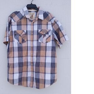 Men's XXL Coastal Short Sleeve Plaid Pearl Snap 100% Cotton Collared Shirt